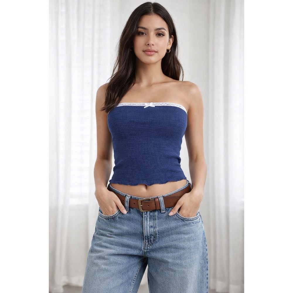 RSQ Tillys Navy Blue Ribbed Lace Trim Tube Top Bow Lettuce Edge Size Small NEW